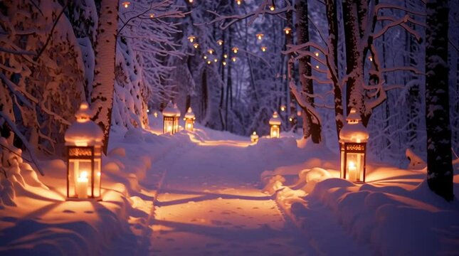 Winter Wonderland: A picturesque winter scene unfolds as a snow-covered path is illuminated by the warm glow of lanterns, evoking feelings of peace and tranquility.