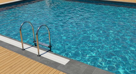 Obraz premium Inviting Turquoise Pool with Chrome Ladder and Wooden Deck