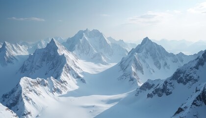 Fototapeta premium Winter mountain peaks covered snow. Cold weather, pristine landscape. Aerial view of high altitude, frosty ridges, summits, wilderness, arctic. Peaceful, isolated, serene scene.