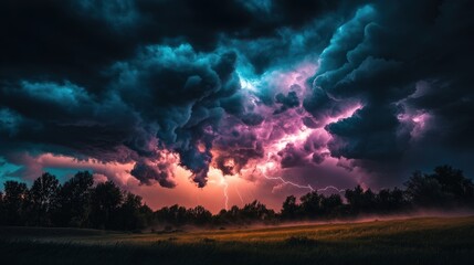 Dramatic Storm Clouds and Lightning in a Colorful Sky Over a Field at Dusk