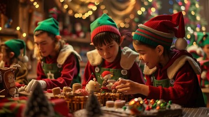 Christmas Elves: A magical workshop filled with festive cheer, where elves busily craft and prepare for the upcoming holiday season, surrounded by twinkling lights and Christmas ornaments. - Powered by Adobe