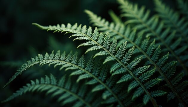 Close-up shot of rich green fern leaves. Moody lighting, dark background enhances texture details. Natural botanical image suitable for nature, eco or wellness themes. Calmness, tranquility.