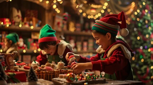 Christmas Elf Workshop: Capturing a scene filled with Christmas spirit, two elf children are engrossed in decorating holiday ornaments inside a whimsical workshop, surrounded by festive decorations.