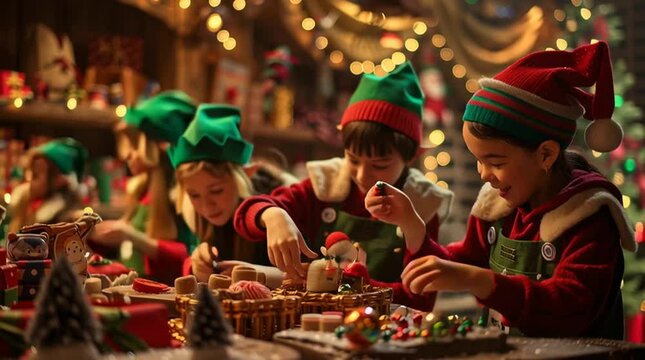 Christmas Workshop: Children elves eagerly prepare holiday treats in a cozy, festive workshop. capturing the cheerful spirit of the season.