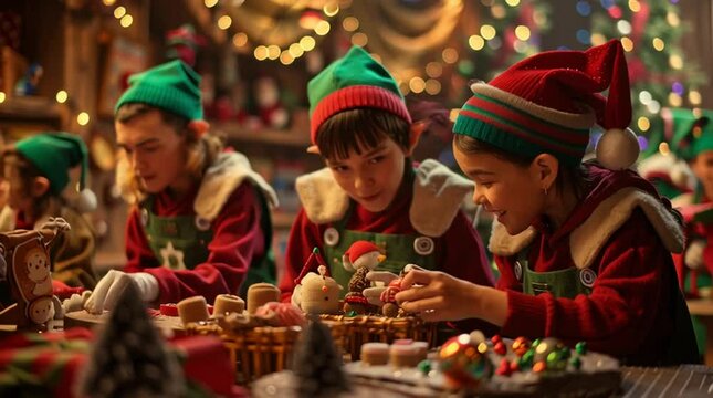 Christmas Elves: A magical workshop filled with festive cheer, where elves busily craft and prepare for the upcoming holiday season, surrounded by twinkling lights and Christmas ornaments. - Powered by Adobe