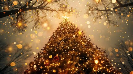 Golden Embrace: A majestic Christmas tree, adorned with twinkling lights, stands as a beacon of warmth and celebration against the backdrop of a snowy winter evening, sparking holiday spirit and joy.