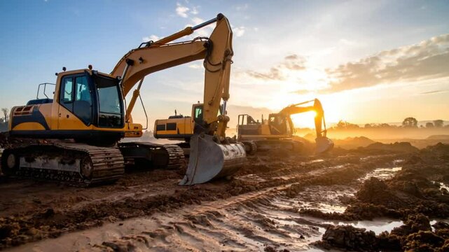 Construction vehicles at sunrise site