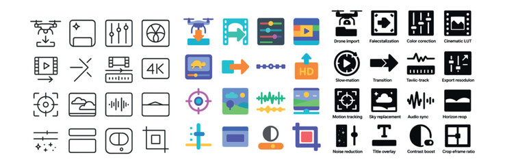 Video editing icons set &ndash; flat, creative media tools and multimedia symbols