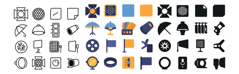 Photography and filmmaking icons set – flat, camera and media production symbols