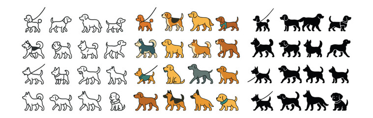 Dog walking icons set – silhouette, pet care and canine activity symbols