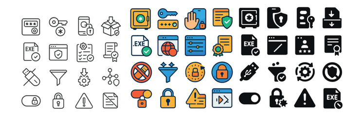 Security and data protection icons set - outline, privacy and safety symbols