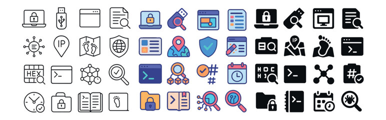 Cybersecurity and privacy icons set &ndash; line, digital security and protection symbols