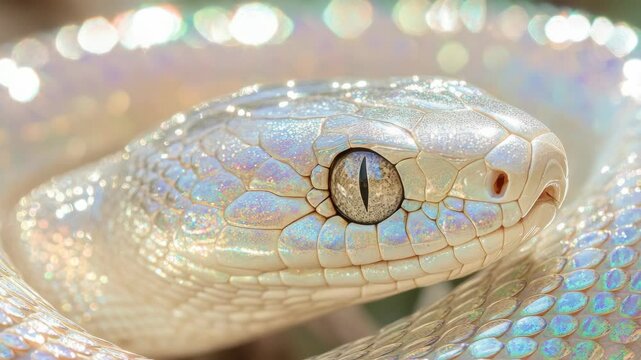 A white snake with a glittery eye. The snake is curled up and has a shiny, glittery appearance