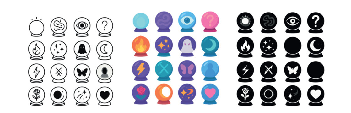 Fortune telling icons set – line style with mystical and psychic symbols