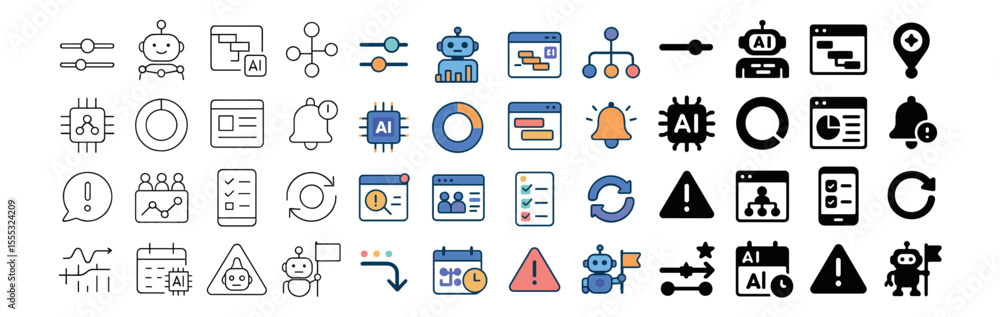 Poster ai and technology icons set – line, digital transformation and futuristic graphics