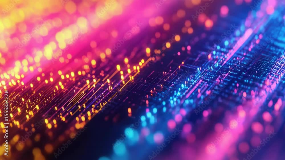Poster close up of a colorful circuit board with vibrant electronic components. high tech scene with multic