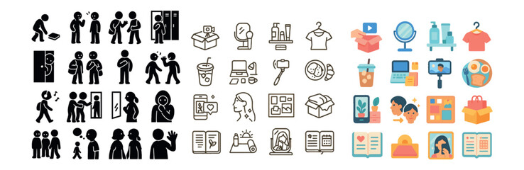 Daily activities flat icons set – lifestyle, routine and productivity symbols