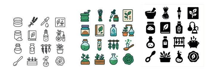 Herbal and plant icons set – flat, nature and botanical themed symbols for health