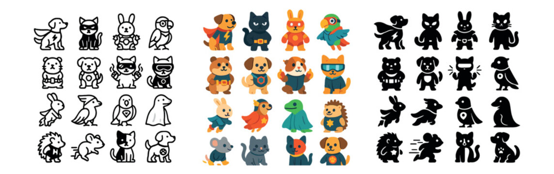 Animal superheroes icons set – flat style, cartoon and playful character symbols