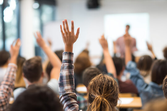 Students actively raising hands in class students engaged in education