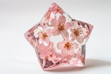 Clear star shaped block contains delicate pink cherry blossom flowers, against a white background