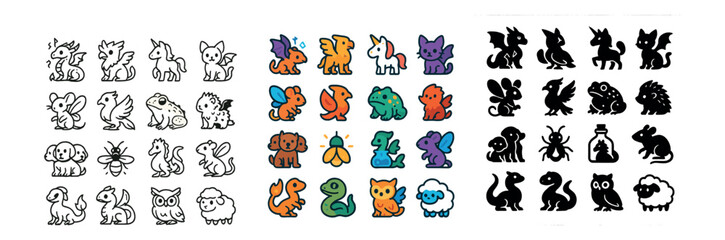 Obraz premium Animal and fantasy icons set – outline and colorful creature symbols