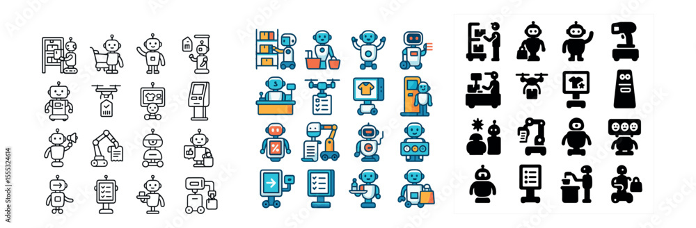 Poster robots and ai icons set – outline and flat, automation and technology symbols