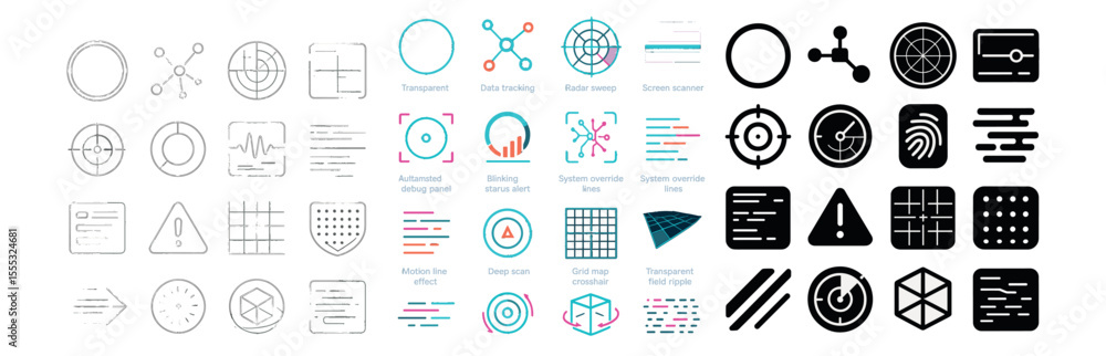 Poster futuristic technology icons set – outline style for digital interfaces and analytics