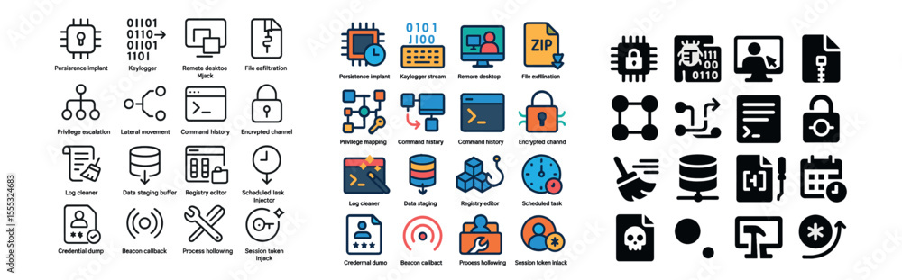 Poster technology and cybersecurity icons set – linear, digital security and tech symbols