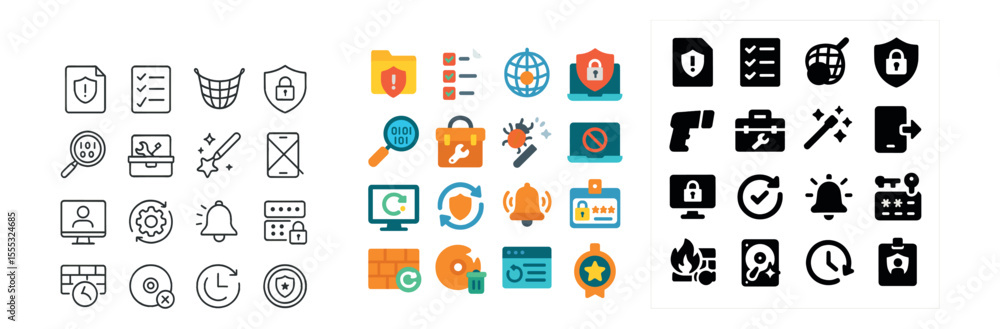 Poster cybersecurity and data protection icons set – flat style, secure information graphics