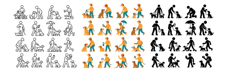 Fototapeta premium Dog walking icons set – linear, pet care and animal silhouettes for diverse needs