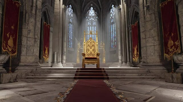 Grand empty throne room in an ancient castle with beautiful stained glass windows