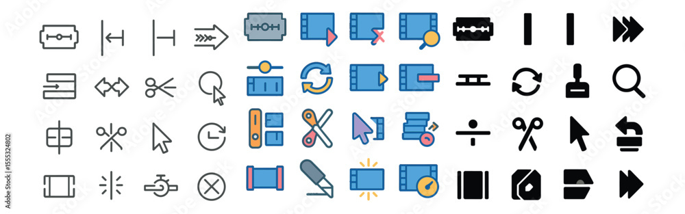 Poster editing and tools icons set – linear style, design and app interface symbols