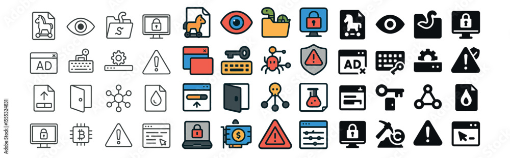 Poster cybersecurity and tech icons set – flat, security and protection symbols
