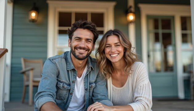 Happy diverse couple smiles at camera sitting at their new home porch. Latino man and caucasian woman enjoy sunlight. New home owners embrace happiness.