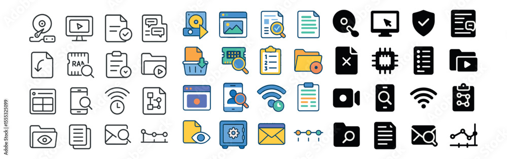 Poster file management icons set – flat design, data organization and document symbols