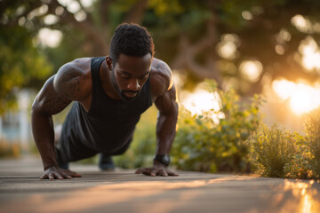 Male athlete performs push-ups outdoors a strong athlete