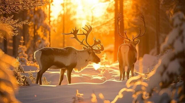Enchanting Reindeer in Sunlight: Two majestic reindeer stand amidst a snow-covered landscape, bathed in the warm, golden light of the sun. Capturing the serenity of winter and the beauty of wildlife.