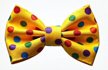 Bright yellow clown bow tie with colorful polka dots. Isolated on white. Funny accessory for carnival party, kids birthday. Humor theme, circus performance.