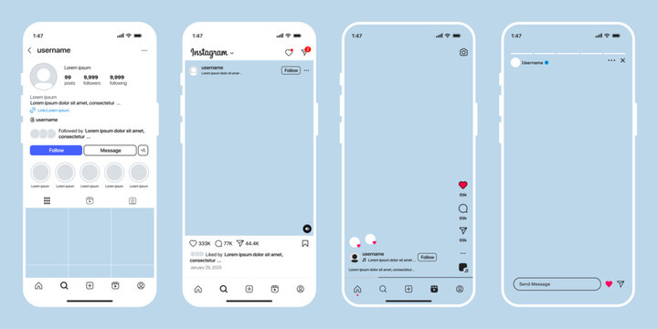 Instagram content template mockup with mobile screen layout showing post, story and reels on transparent background for high-quality UI preview and layout design use

