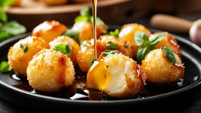 A tantalizing appetizer featuring breadsticks filled with melted cheese and drizzled with honey, served on a dark plate.