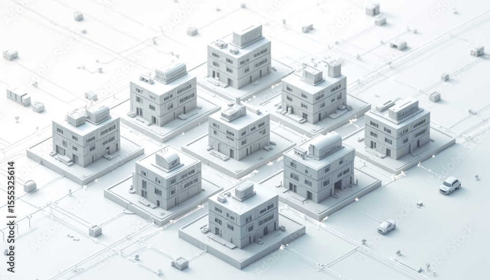 Poster isometric view of interconnected network of modular technological buildings. illustration smart city