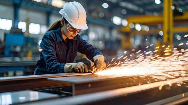 Woman industrial grinder sparks