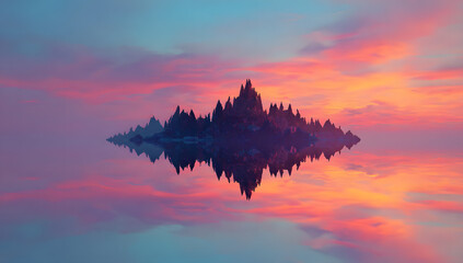 Naklejka premium A surreal island with jagged peaks reflects in a calm pink and orange sunset sky