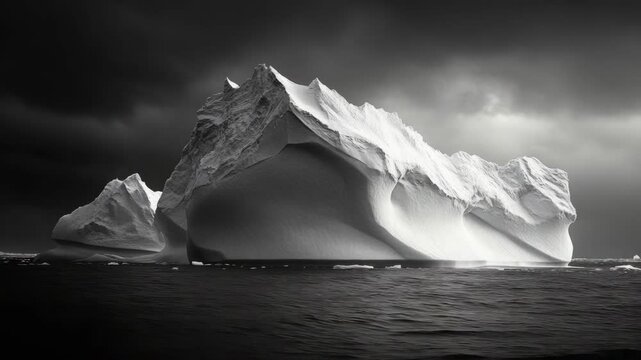 Snowy mountain peak floating in the frigid Arctic sea.