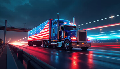 American semi-truck with US flag drives on highway. Night road, motion blur. Freight transportation logistic concept. Heavy vehicle, interstate trucking, shipping, delivery, trailer. Fast speed