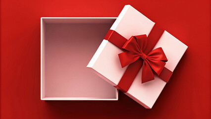 Empty Gift Box with Satin Bow, Red Background Display