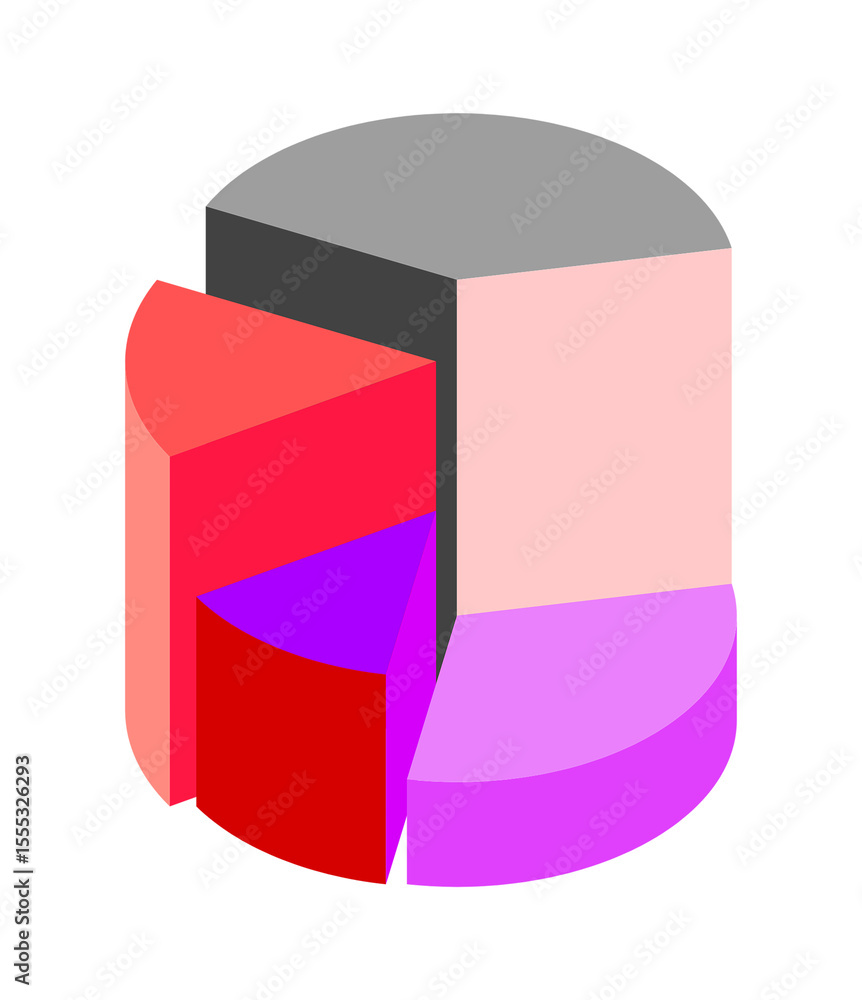 Poster isometric pie chart diagram with exploded slice on transparent background, representing data analysi