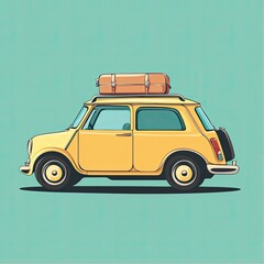 A vibrant yellow compact car with a brown suitcase strapped to the roof on a light teal backdrop