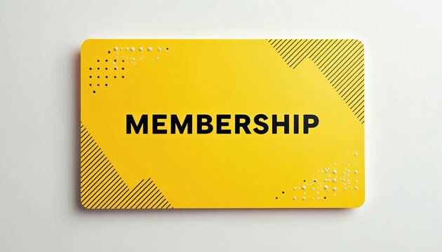Vibrant yellow membership card with bold text, design. Modern graphic, exclusive access, brand identity, promotional tool. Membership pass, badge, key for enrollment, status, loyalty, rewards